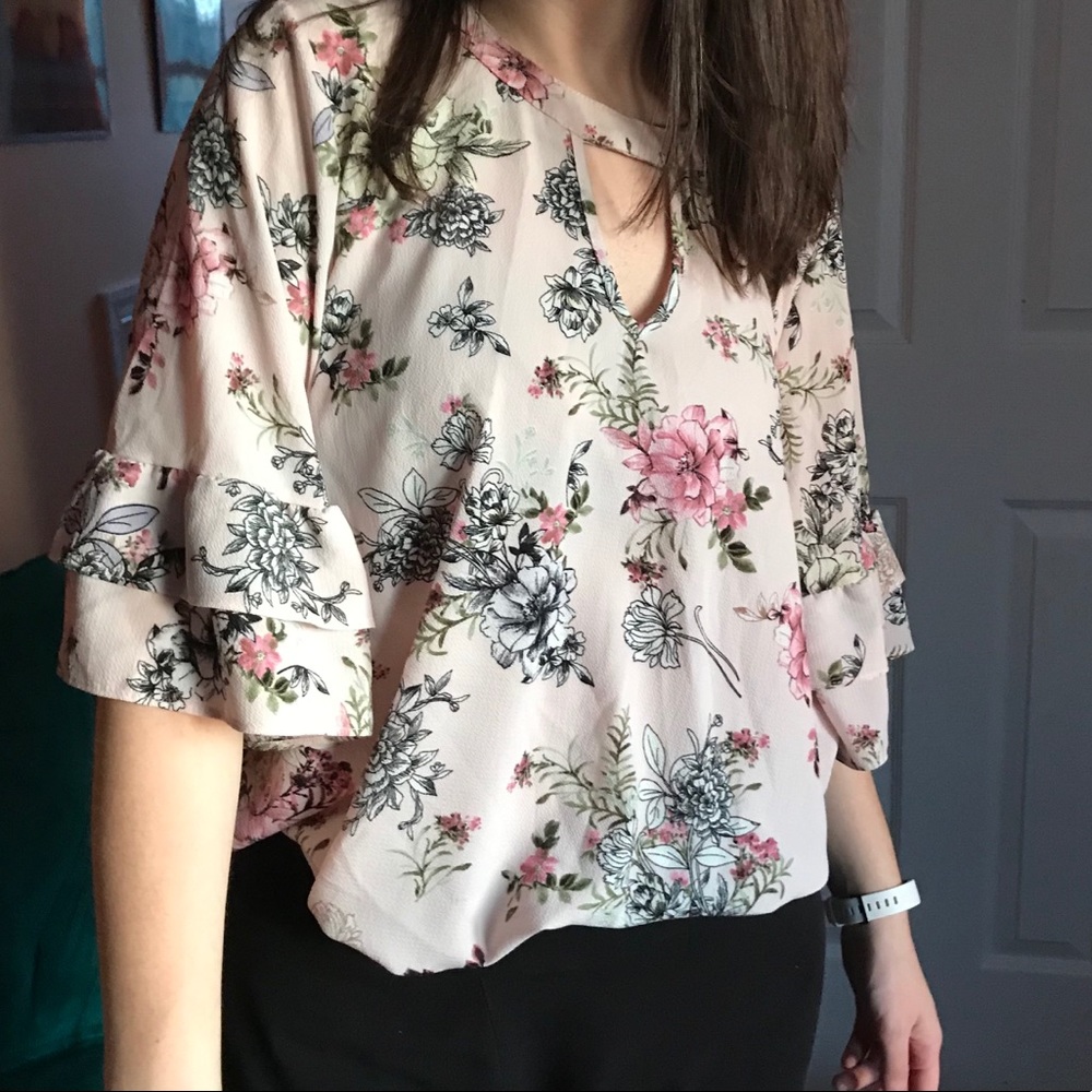 Floral Pink Blouse with Bell Sleeves